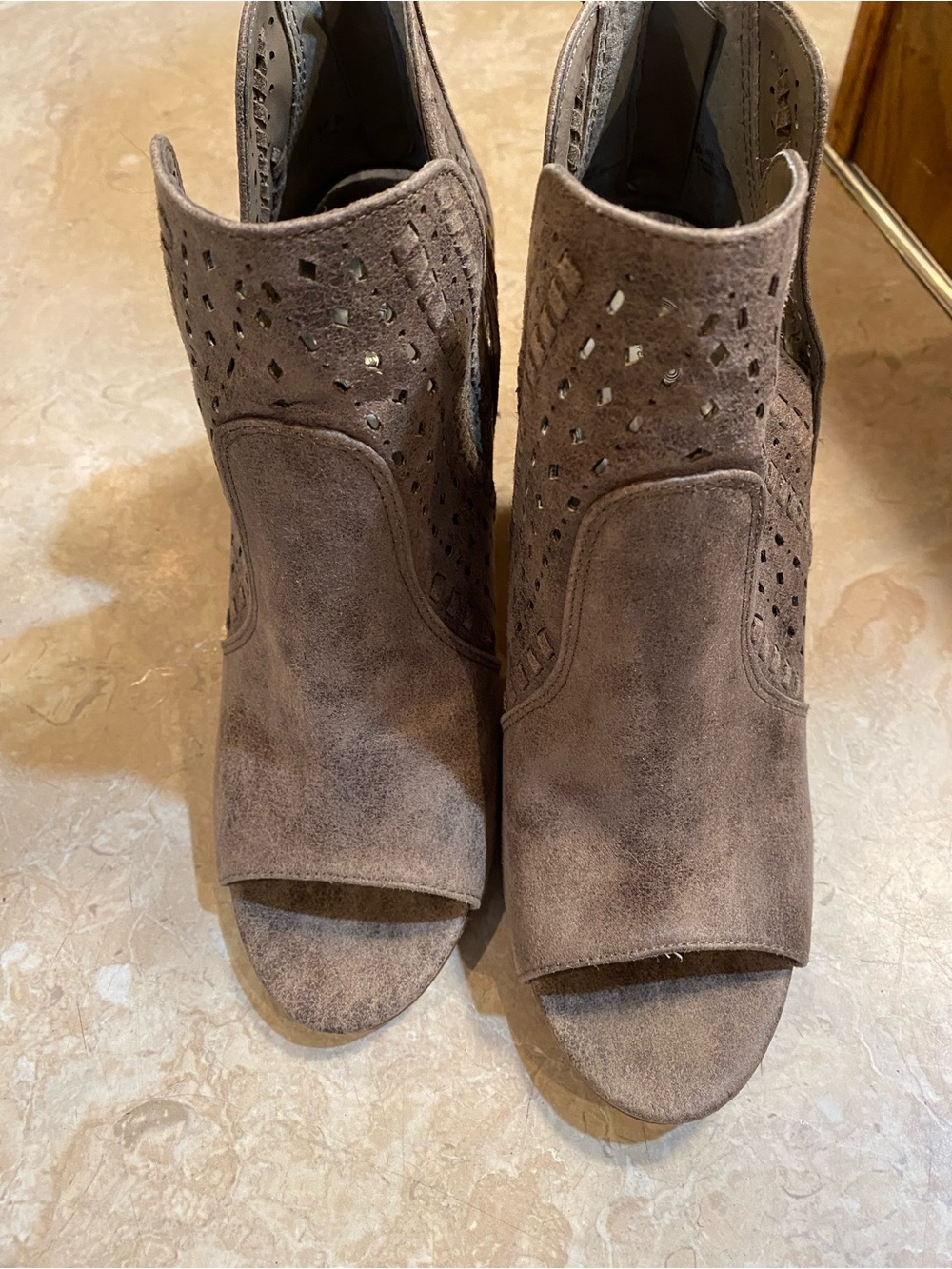 Carlos Santana Taupe Suede Peep-Toe Cutout Mules